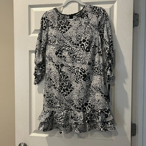 NWT DKNY Black White Leopard Print Silk Blend Ruffled Tiered Mini Dress Size 4 - Picture 16 of 16